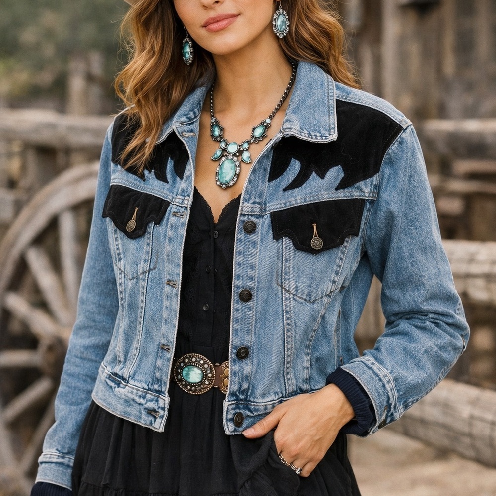 Vintage Dakota  Blue Denim Jacket with Black Suede Yoke - Women